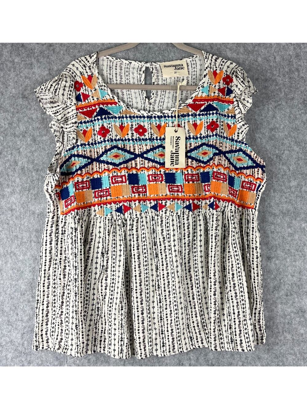 Savanna Jane Embroidered Top Womens 2X Geometric‎ Babydoll Aztec Boho Tribal NEW